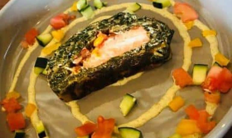 Burnt Offerings Las Vegas – Salmon Spinach Roll with Dill Sauce